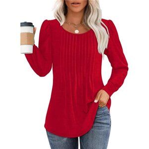 Women’s Long Sleeve Fall Tops – Pleated Scooped Neck Tunic Blouse